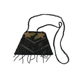 Evening Bag, Beaded Black Flower Vintage Purse, 1930s Cro